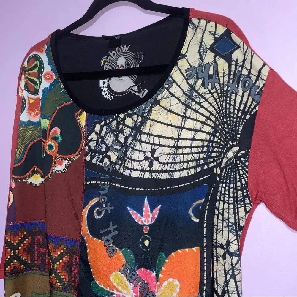 Desigual Rainbow Patchwork Print Blouse Women Size L Art To Wear Artsy Eclectic